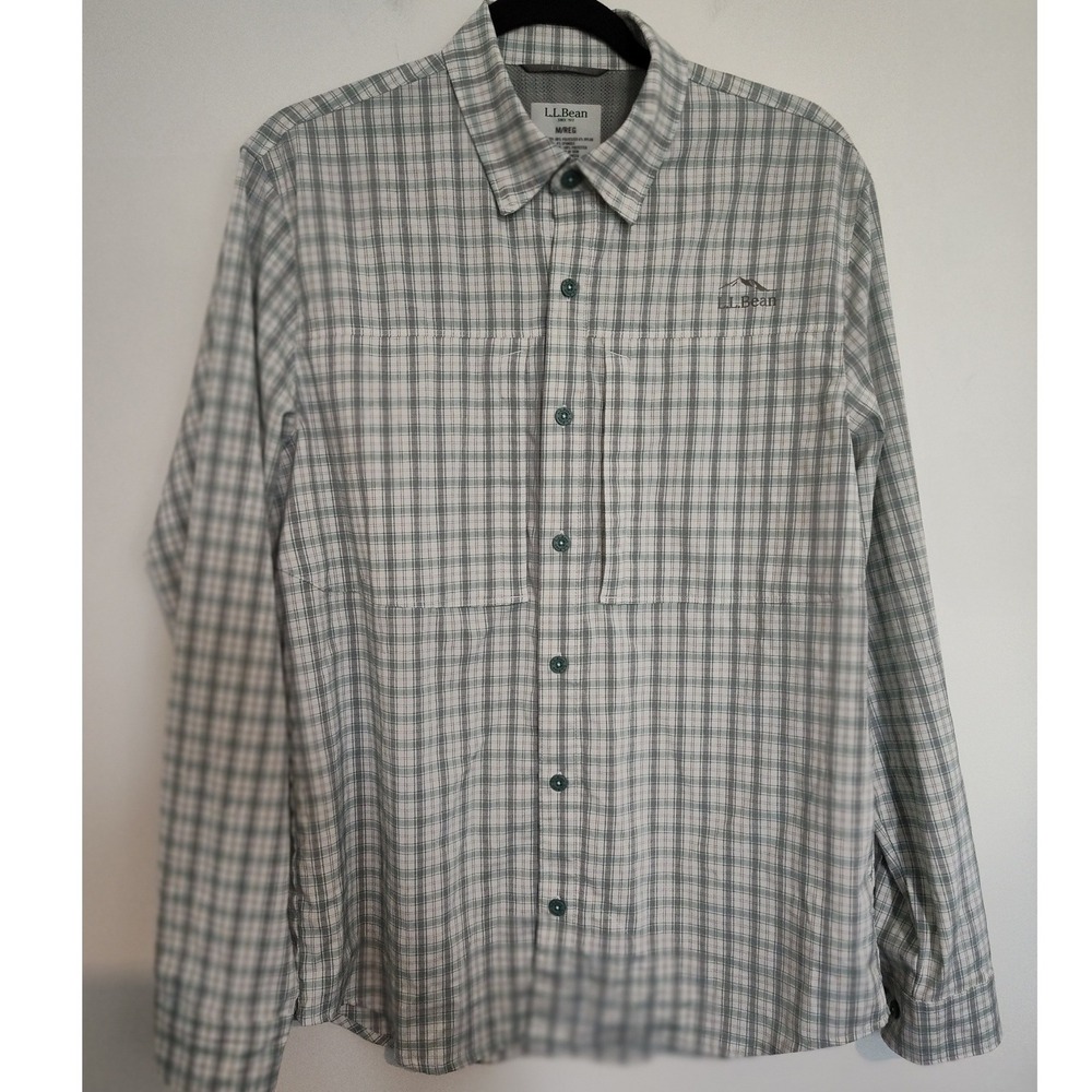 LL Bean Mens Long Sleeve Plaid Performance Shirt Green White Size M Regular